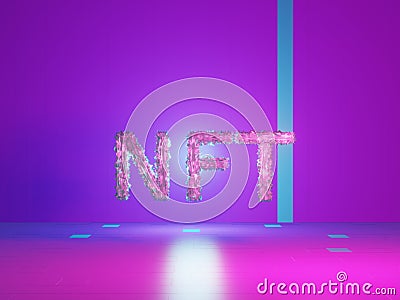 NTF text on vivid tech violet background. Non-refundable token. 3d render. Crypto art place for selling. Blockchain Cartoon Illustration