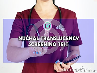 NUCHAL TRANSLUCENCY SCREENING TEST text in list. internist looking for something at smartphone Stock Photo