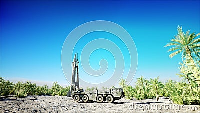 Nuclear ballistic rocket, complex. Launch rocket, dust. 3d rendering. Stock Photo
