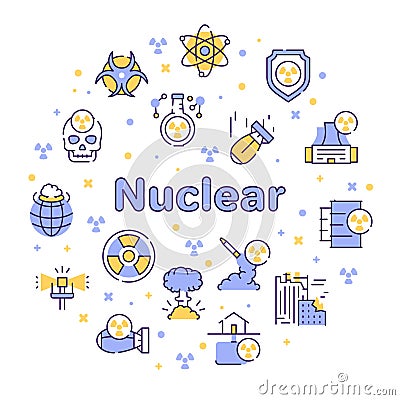 Nuclear color linear icon set. Editable stroke. Missile, radioactive, shelter, bomb effect Vector Illustration