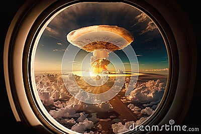 Nuclear explosion from aerial view porthole Stock Photo