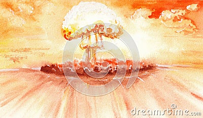 Nuclear explosion and atomic mushroom with shock wave in yellow and orange colores. Hand drawn watercolors on paper textures Stock Photo