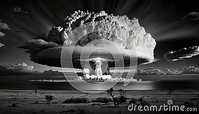 Nuclear explosion in black and white. Nuke bomb mushroom radioactive cloud. Generative AI Stock Photo