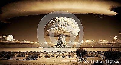 Nuclear explosion in the desert. Sepia colors. Nuke bomb mushroom radioactive cloud. Generative AI Stock Photo