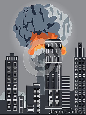 Nuclear explosion. Large mushroom cloud in the city. Atomic bomb Vector Illustration