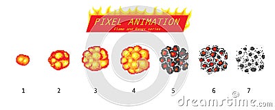 Nuclear explosion. Pixel art 8 bit fire objects. Game icons set. The evolution of a Comic boom flame. Bang burst explode Vector Illustration