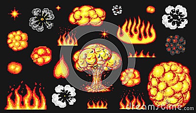 Nuclear explosion. Pixel art 8 bit fire objects. Mushroom cloud. Game icons set. Comic boom flame. Bang burst explode Vector Illustration