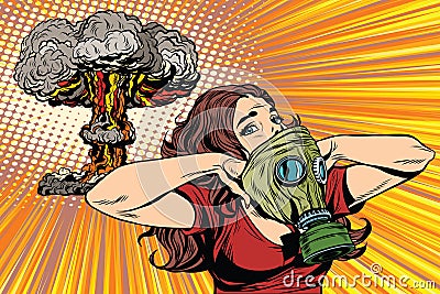 Nuclear explosion radiation hazard gas mask girl Vector Illustration