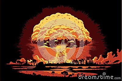 Nuclear explosion. Vector art of the atomic bomb. Huge mushroom cloud. Explosive destruction Vector Illustration