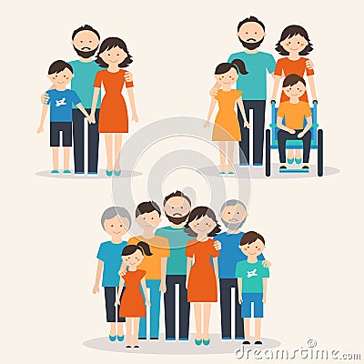 Nuclear Family, Family with Special Needs Child and Extended Family. Families of Different Types Vector Illustration