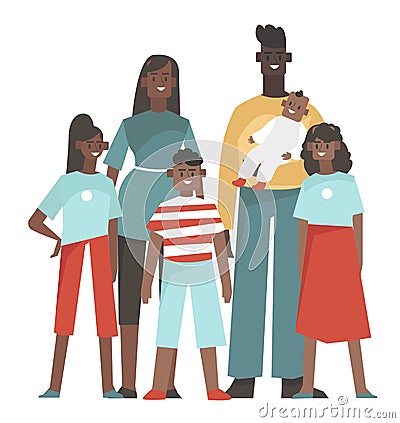 Nuclear black family woman and man with kids. Flat design illustration. Vector Vector Illustration