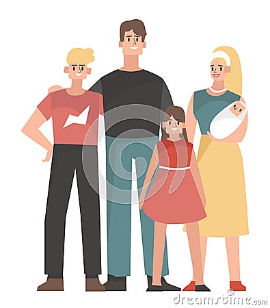 Nuclear family woman and man with kids. Flat design illustration. Vector Vector Illustration