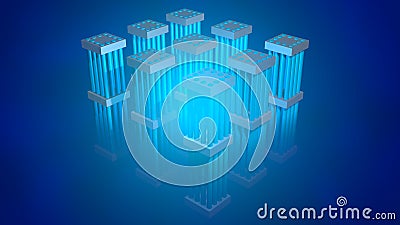 Nuclear fuel rods in water. View 5 . 3d Rendering illustration Cartoon Illustration