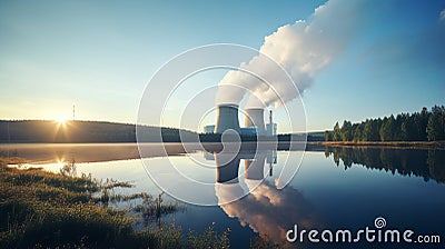 Nuclear power plant at dawn with misty surroundings Stock Photo