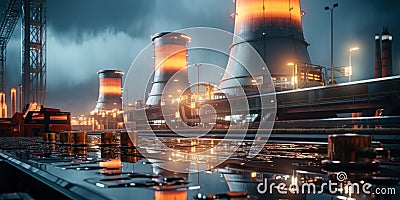 nuclear power plant with evening lighting. generative ai Stock Photo