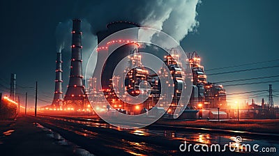 nuclear power plant with evening lighting. generative ai Stock Photo