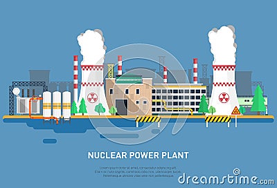 Nuclear power plant in a flat style. Cooler, power unit, office building and other elements of the power plant. Cartoon Illustration