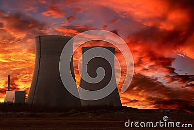 Nuclear power plant with an intense red sky Stock Photo