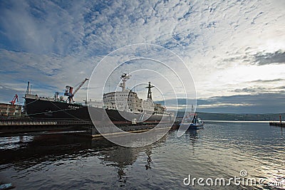 The atomic icebreaker Lenin is forever docked in the Murmansk port. Stock Photo