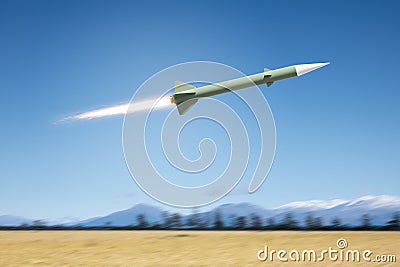 nuclear rocket bomb flying over a landscape field Cartoon Illustration