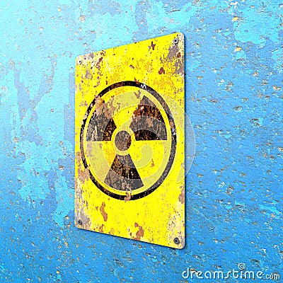 Nuclear site, sign hanging on a blue wall. Indication of the presence of a radioactive area Stock Photo