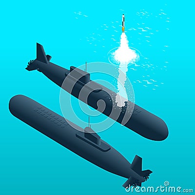 Nuclear submarine traveling underwater.Nuclear powered submarines. Flat 3d isometric vector illustration for infographic Vector Illustration