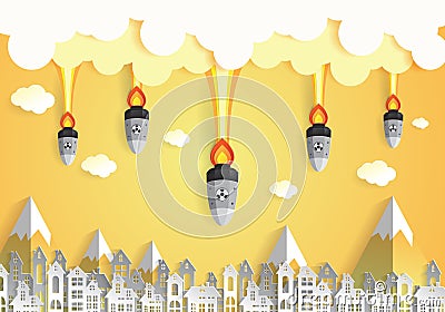 Nuclear war - atom bombs falling on the city Vector Illustration