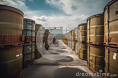 nuclear waste storage facility, with rows of metal containers and heavy security Stock Photo