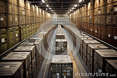 nuclear waste storage facility, with rows of metal containers and heavy security Stock Photo