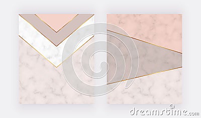 Nude geometric cards with golden lines and triangle shapes. Trendy template for banner, flyer, poster, greeting, wedding invitatio Vector Illustration