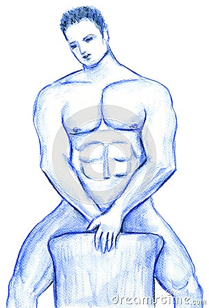 Nude Male Behind a Chair Illustration in Blue Stock Photo