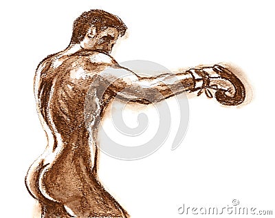 Nude Male Boxer Watercolor Illustration in Sepia Brown Stock Photo