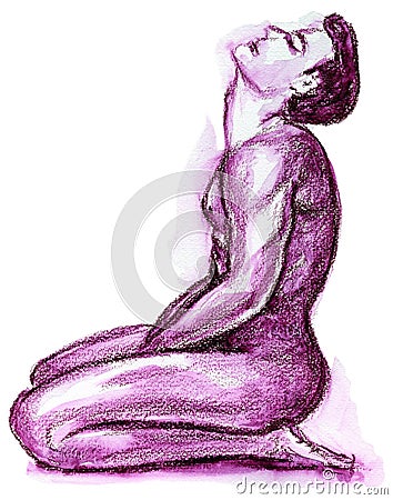 Nude Male on his Knees Illustration in Cerise Pink Stock Photo