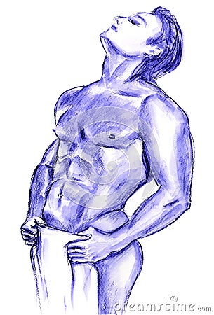 Nude Male Holding Towel with Euphoric Expression Illustration in Purple Stock Photo