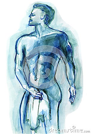 Nude Male in Towel Checking out Others Illustration in Blue Green Stock Photo