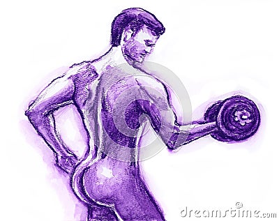 Nude Male Weightlifter Watercolor Illustration in Purple Stock Photo