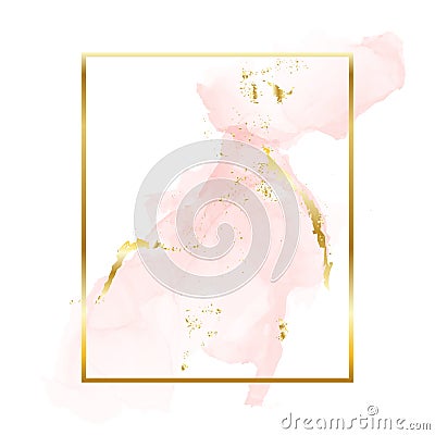 Nude rose gold brush strokes in rectangle foil contour frame. Watercolor rose gold blush texture template Vector Illustration