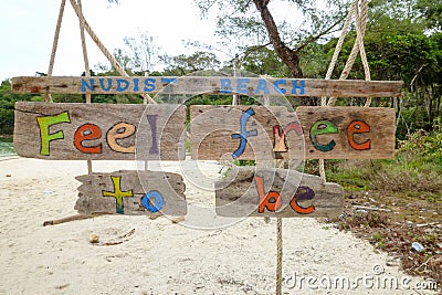 Nude sunbathing permitted sign at Koh Rong Sanloem island Stock Photo