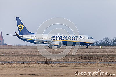 Boing 737 - 800 from Ryanair drives to runway at airport Nuernberg Editorial Stock Photo