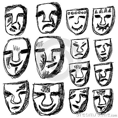 Abstract hand-drawn faces with old-style characters, smile, sadness, fury, happy, vector. Vector Illustration