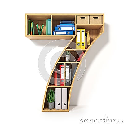 Number 7. Alphabet in the form of shelves with file folder, binders and books isolated on white. Archival, stacks of documents at Cartoon Illustration