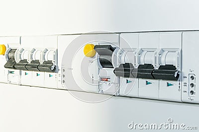 A number of automatic switches and differential circuit breakers Stock Photo