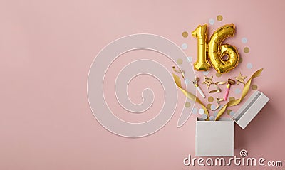 Number 16 birthday balloon celebration gift box lay flat explosion Stock Photo