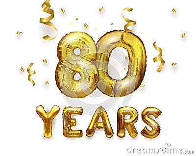 Number 80 birthday celebration gold foil helium balloon with presents. 3D Render. Number 80 foil balloon. Tree-year anniversary Vector Illustration