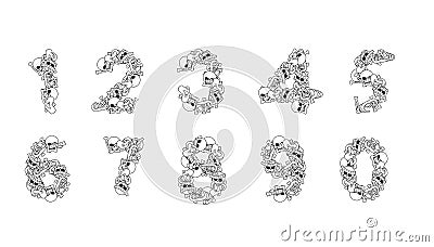 Number from bones. Anatomy numbers. Skull and spine. jaw and pelvis Vector Illustration