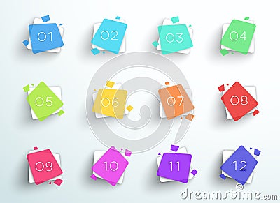 Number Bullet Point Abstract Colorful Squares 1 to 12 Vector Vector Illustration