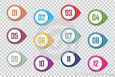 Number Bullet Point Colorful 3d Markers 1 to 12 Vector Vector Illustration