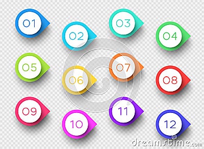 Number Bullet Point Colorful 3d Markers 1 to 12 Vector Vector Illustration