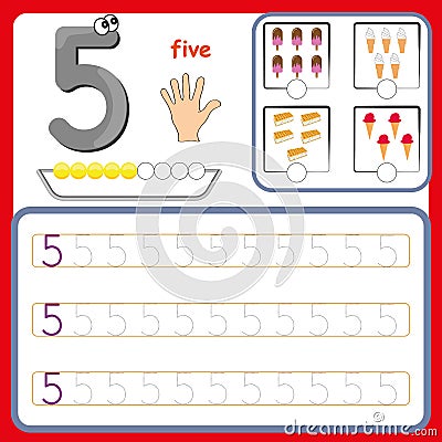 Number cards, Counting and writing numbers, Learning numbers, Numbers tracing worksheet for preschool Stock Photo