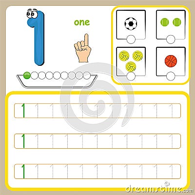 Number cards, Counting and writing numbers, Learning numbers, Numbers tracing worksheet for preschool Stock Photo